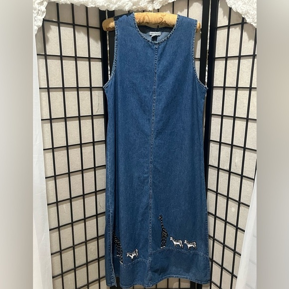 SARA STUDIO DENIM MAXI ANIMAL EMBROIDERED ARTSY JUMPER DRESS SIZE L - Picture 4 of 10